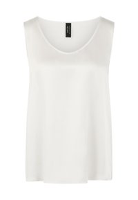 White sleeveless top made of smooth fabric, featuring a wide scoop neckline and a relaxed fit, with a plain design and no visible patterns.