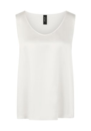White sleeveless top made of smooth fabric, featuring a wide scoop neckline and a relaxed fit, with a plain design and no visible patterns.
