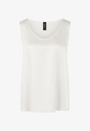 Weißes ärmelloses Oberteil aus glattem Stoff mit weiter U-Boot-Ausschnitt und lockerem Schnitt, schlicht im Design ohne sichtbare Muster.