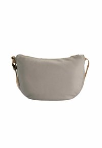 Borsa a tracolla grigia in tessuto morbido con una forma arrotondata, zip dorata e tracolla beige con gancio in metallo. Design semplice e funzionale.
