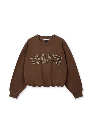 Braunes kurzes Sweatshirt mit langen Ärmeln, gerippten Bündchen und dem Schriftzug "10DAYS" auf der Vorderseite, verziert mit kleinen Nieten.