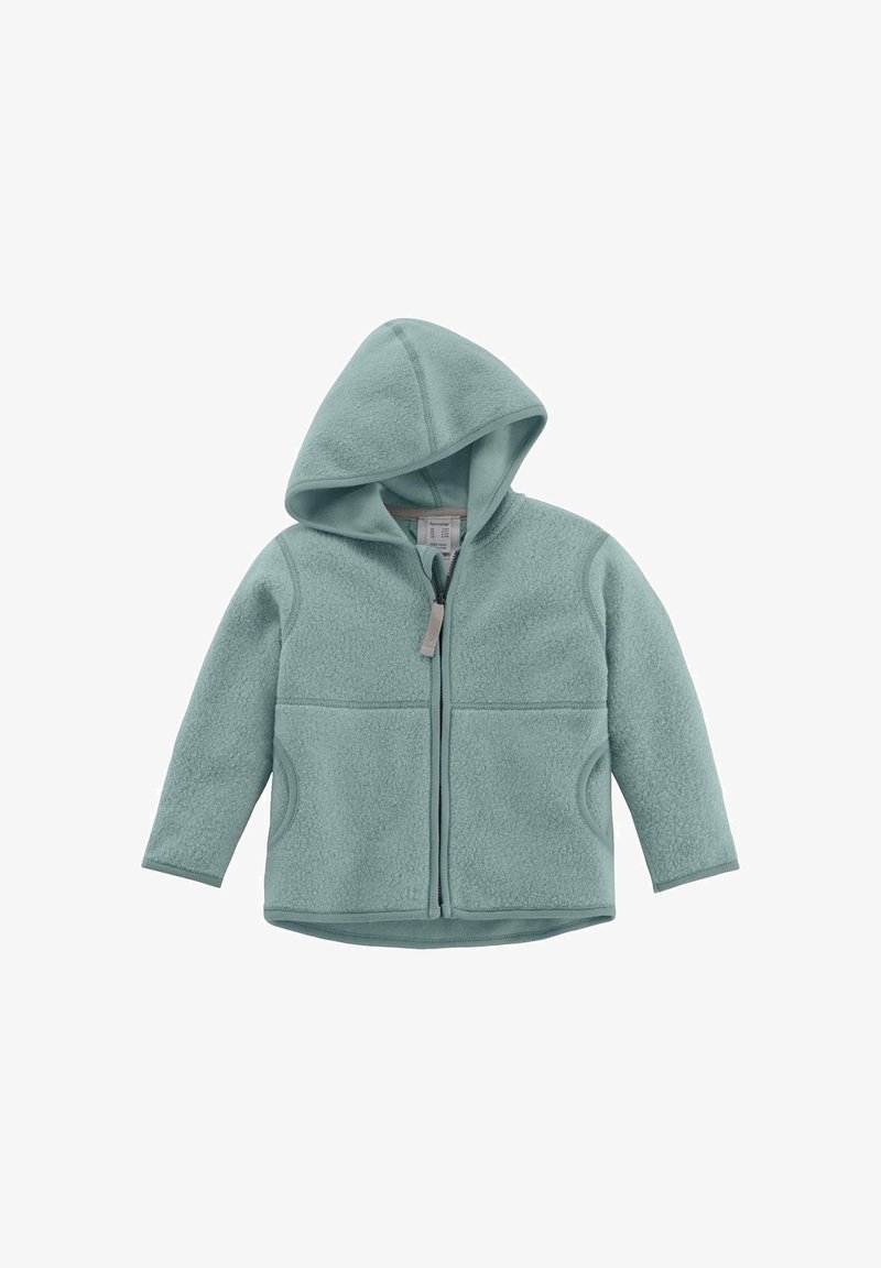 Giacca a felpa con cappuccio di un leggero verde menta, dotata di due tasche frontali, chiusura con zip e texture morbida. Presenta un design semplice e funzionale.