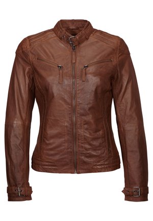 Braune Lederjacke mit einer taillierten Passform, Stehkragen, zwei Reißverschluss-Brusttaschen und Gürteldetails an den Manschetten. Glatte Textur.