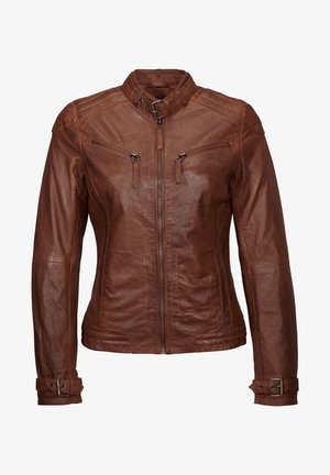 Braune Lederjacke mit einer taillierten Passform, Stehkragen, zwei Reißverschluss-Brusttaschen und Gürteldetails an den Manschetten. Glatte Textur.