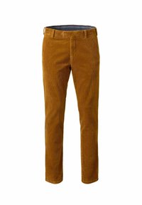 Corduroy broek in warm bruin, met een rechte pijp, subtiele verticale ribbels, knoopsluiting en voorzakken.