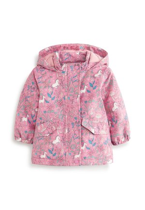 Rosa wasserdichte Jacke mit Blumen- und Einhornmuster, Kapuze, elastischen Bündchen und zwei vorderen Taschen. Glatte Textur.