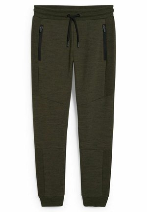 Pantaloni jogger verde scuro con polsini a coste, vita elastica, coulisse nera e tasche laterali con zip.