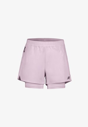 Shorts sportivi da donna di colore lilla chiaro con strato interno compressivo, vita elastica, tasca con cerniera laterale e piccolo logo sull'orlo.