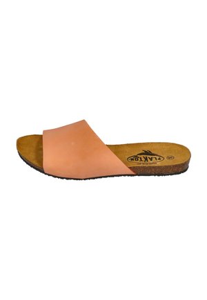 Slide sandal made of soft peach-colored leather with a wide strap. Textured cork footbed, dark rubber sole provides stability.