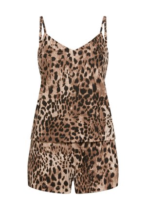 Σετ ύπνου με λεοπάρ σχέδιο που περιλαμβάνει αμάνικο τοπ με ρυθμιζόμενους ιμάντες και ταιριαστά σορτς, κατασκευασμένο από μαλακό, ελαφρύ ύφασμα σε καφέ και ταμπά χρώματα.