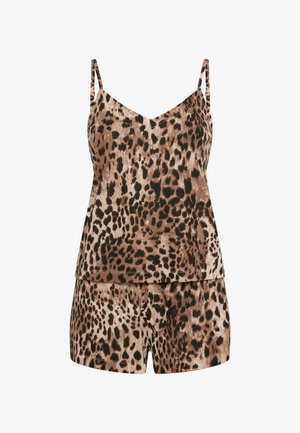 Leopardikuvioinen uniasusetti, joka sisältää hihattoman topin säädettävillä olkaimilla ja siihen sopivat shortsit. Valmistettu pehmeästä ja kevyestä kankaasta, väreinä ruskea ja tan.
