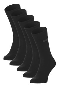 Paquet de cinq chaussettes noires en matériau lisse, avec un bord côtelé et un détail de logo subtil près de la cheville.