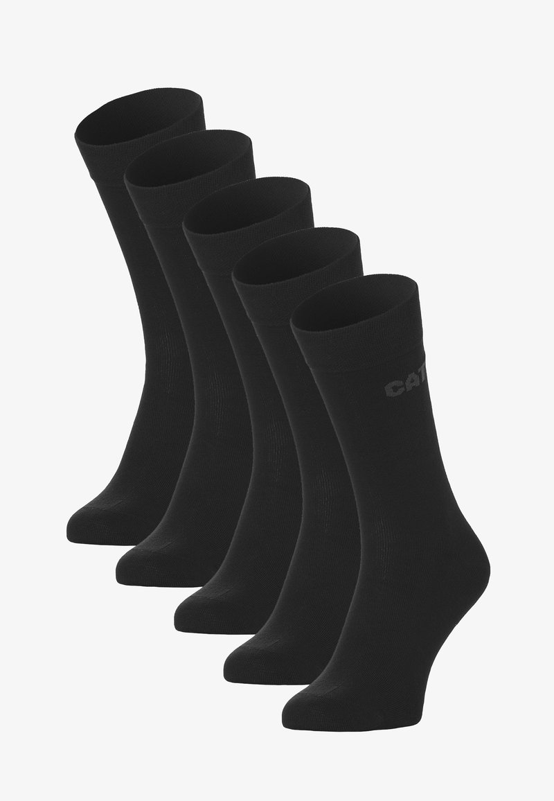 Paquet de cinq chaussettes noires en matériau lisse, avec un bord côtelé et un détail de logo subtil près de la cheville.