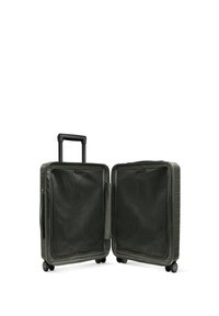 Valise rigide de couleur vert foncé avec deux compartiments, doublure en maille et une poignée rétractable extensible. Équipée de quatre roues pour une meilleure mobilité.