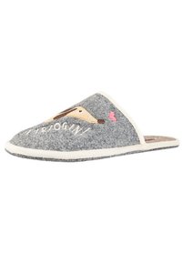 Gray felt slipper with cream trim, featuring a dog face and pink hearts embroidered on the upper. Open back design with a soft texture.