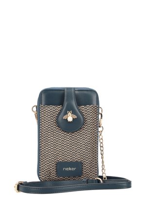 Navy blue and beige woven crossbody bag with gold bee detail, leather trim, and detachable chain strap; rectangular shape.
