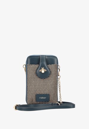 Navy blue and beige woven crossbody bag with gold bee detail, leather trim, and detachable chain strap; rectangular shape.