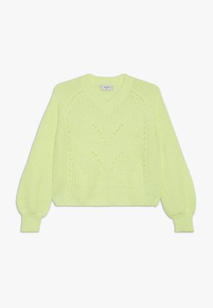 Sweter z dzianiny z dekoltem w serek w jaskrawej żółto-zielonej barwie, z fakturowanymi wzorami, długimi bufiastymi rękawami i ściągaczem u dołu.