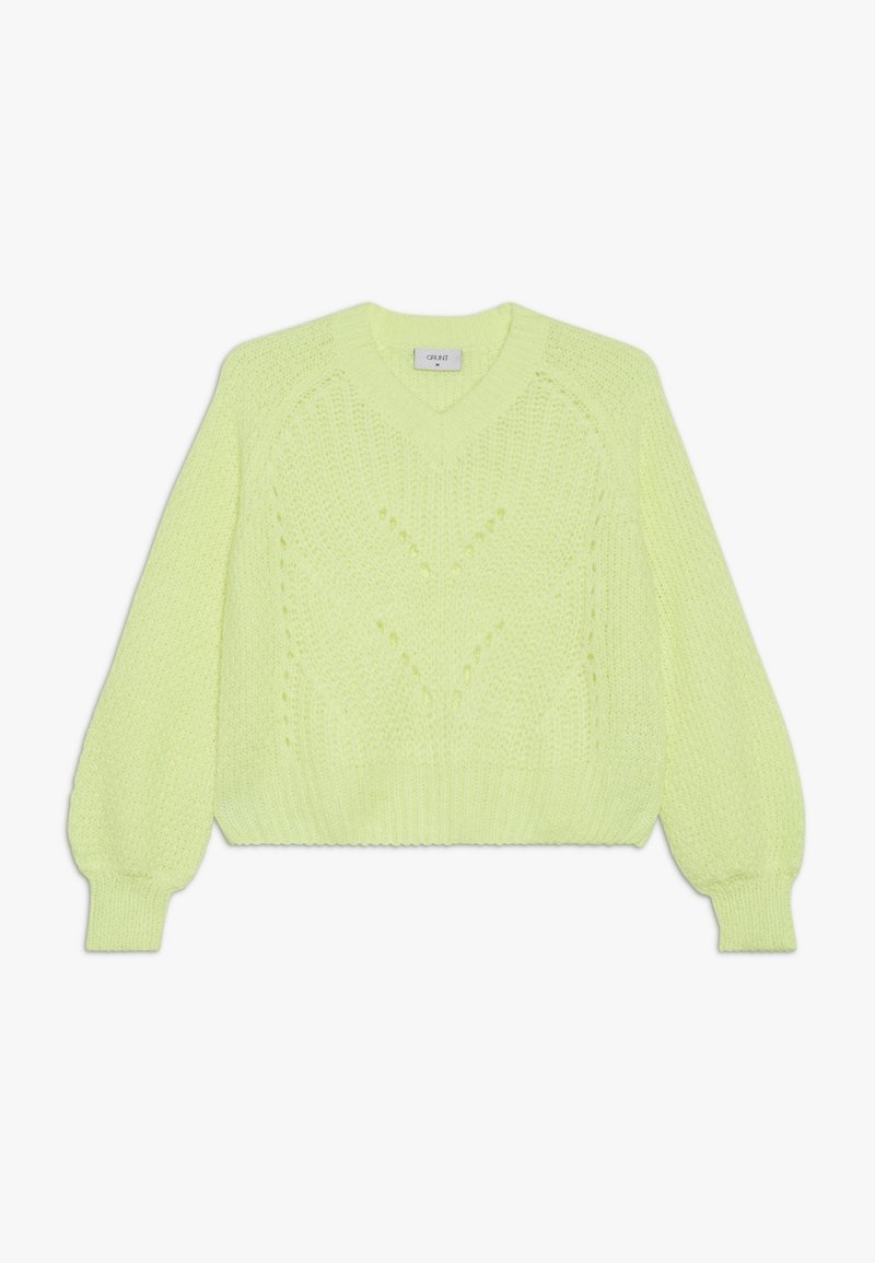 Pull en maille à col en V de couleur jaune-vert vif, présentant des motifs texturés, des manches longues bouffantes et un ourlet côtelé.