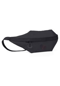 Schwarze Stoff-Wesbeltasche mit elegantem Design, flacher Form, verstellbarem Riemen und zwei farbigen runden Akzenten. Wasserdichtes Material.