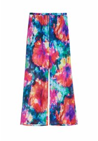 Flerfärgade tie-dye byxor med vida ben som har en livlig blandning av rosa, blå, grön och orange nyanser, tillverkade av ett mjukt och lätt tyg.