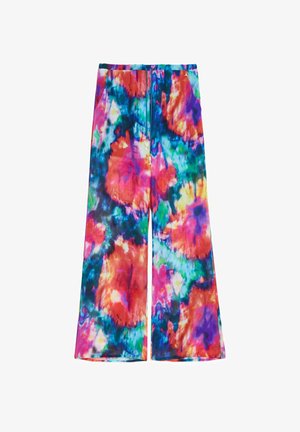 Multikleurige tie-dye wijde pijpenbroeken met een levendige mix van roze, blauw, groen en oranje tinten, gemaakt van een zachte, lichte stof.