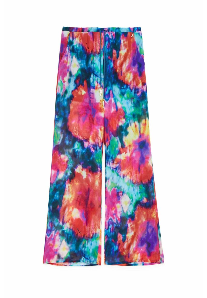 Flerfärgade tie-dye byxor med vida ben som har en livlig blandning av rosa, blå, grön och orange nyanser, tillverkade av ett mjukt och lätt tyg.