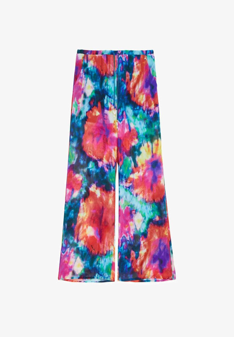 Multikleurige tie-dye wijde pijpenbroeken met een levendige mix van roze, blauw, groen en oranje tinten, gemaakt van een zachte, lichte stof.