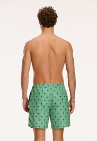 Grüne Badeshorts mit einem palmbaumartigen Muster in Blau. Leichtes Material, elastischer Bund und eine Gesäßtasche. Modell von hinten gezeigt.