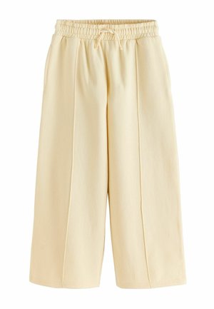 Light yellow, ankle-length trousers made from soft fabric. Features an elastic waistband with drawstring and front pleats.