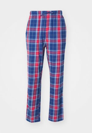 Pantalones de algodón livianos con un patrón a cuadros en azul, rojo y blanco, cintura elástica con cordón y diseño de pierna recta.
