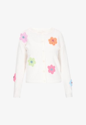 Weißer Cardigan mit Knopföffnung, der im Vorder- und Ärmelsaum mit bunten Blumenapplikationen in Pink, Blau, Orange und Grün verziert ist.