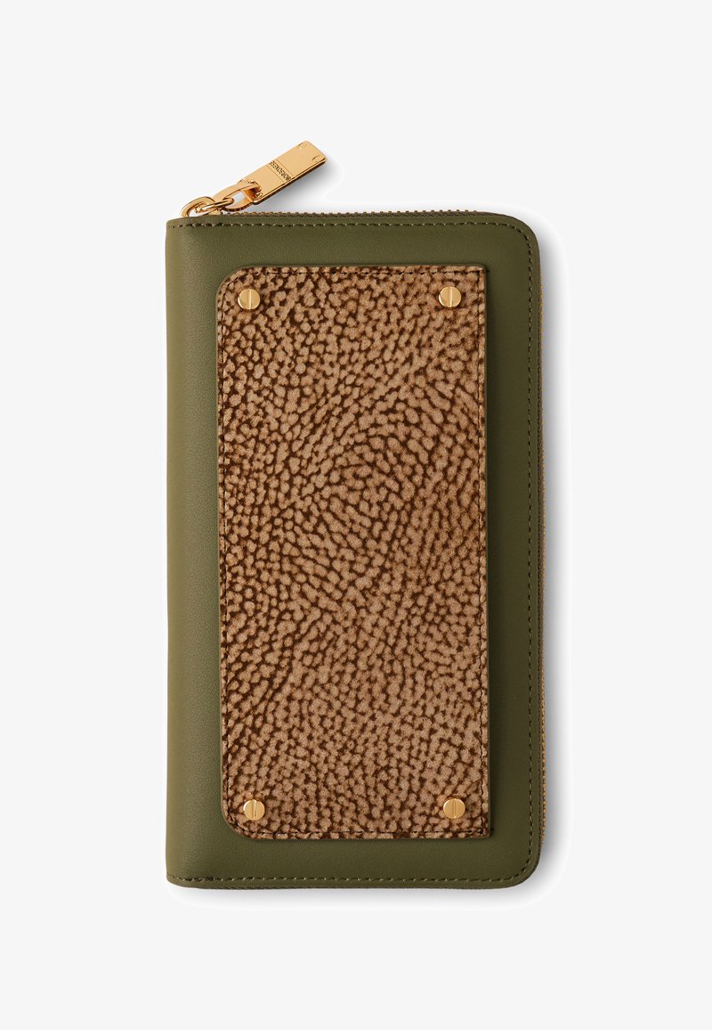Geldbörse mit olivgrünem Lederbesatz, strukturiertem braunem rechteckigem Panel, das von vier goldenen Nieten gehalten wird, und goldenem Reißverschlusszug.