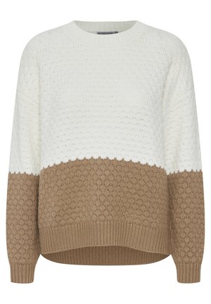 Maglione lavorato a maglia crema e beige con un motivo testurizzato. Presenta un collo rotondo, spalle scese e orlo a coste.