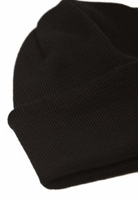 Black ribbed knit beanie hat with a folded cuff, shown on a white background.