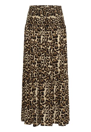 Középhosszú szoknya leopárdmintával, redőzött rétegekkel és széles, elasztikus derékpánttal, bézs, barna és fekete árnyalatokban.