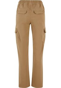 Pantalon cargo marron avec une ceinture élastique, deux poches à rabat à l'arrière, et des poches à rabat sur chaque côté de chaque jambe.