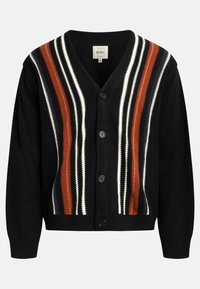 Schwarze Strickjacke mit V-Ausschnitt, die vertikale Streifen in Braun, Weiß und Marineblau aufweist. Vier Knöpfe vorne, gerippte Bündchen und Saum.