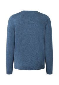 Blauer Strickpullover mit Rundhalsausschnitt und langen Ärmeln. Hat einen strukturierten Stoff, Rippbündchen und einen geraden Saum.