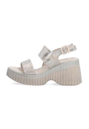 Silver, metallic platform sandals with two wide straps and adjustable buckle, featuring a textured, ridged sole.