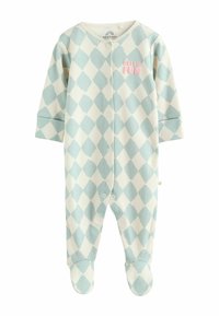 Világos színű kezeslábas, kék és fehér gyémántmintával, rózsaszín "HELLO FUN" felirattal. Puha, talpas kialakítás és gombokkal.