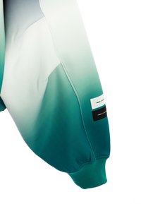 Sudadera con capucha con un diseño degradado, que pasa de gris claro a verde azulado. Presenta puños acanalados y dos etiquetas en la manga.