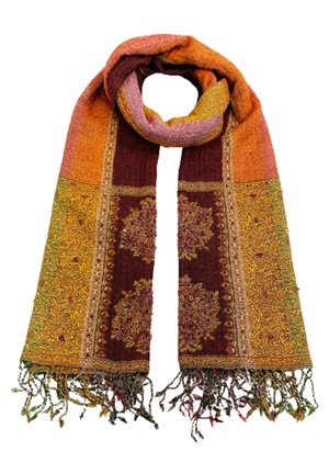 Écharpe multicolore en tissu texturé, ornée de motifs floraux complexes, avec des franges aux deux extrémités, et une palette de couleurs chaudes et vibrantes.