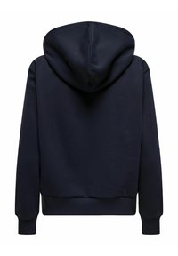 Felpa blu navy con un grande cappuccio arrotondato e polsini a costine. Tessuto morbido con un design corto e senza loghi o motivi visibili.