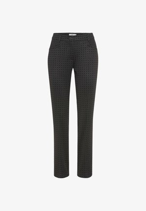 Schwarz-weiße gemusterte Hose mit geradem Bein, ausgestattet mit einem Knopfverschluss und zwei vorderen Taschen. Glatte Stofftextur.