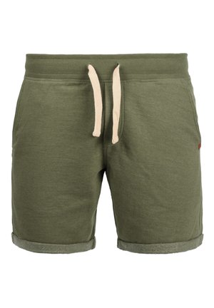 Olivgrüne Baumwollshorts mit Kordelzug in der Taille, seitlichen Taschen und aufgerollten Säumen.