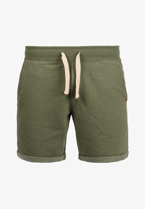 Olivgrüne Baumwollshorts mit Kordelzug in der Taille, seitlichen Taschen und aufgerollten Säumen.