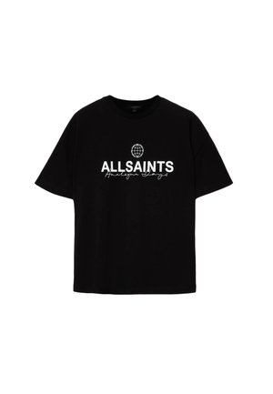 Crna majica kratkih rukava s natpisom "ALLSAINTS", malom ikonom globusa iznad i kurzivnim pismom ispod logotipa sprijeda.