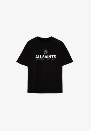 Black short-sleeve t-shirt with "ALLSAINTS" text, a small globe icon above, and cursive writing below the logo on the front.