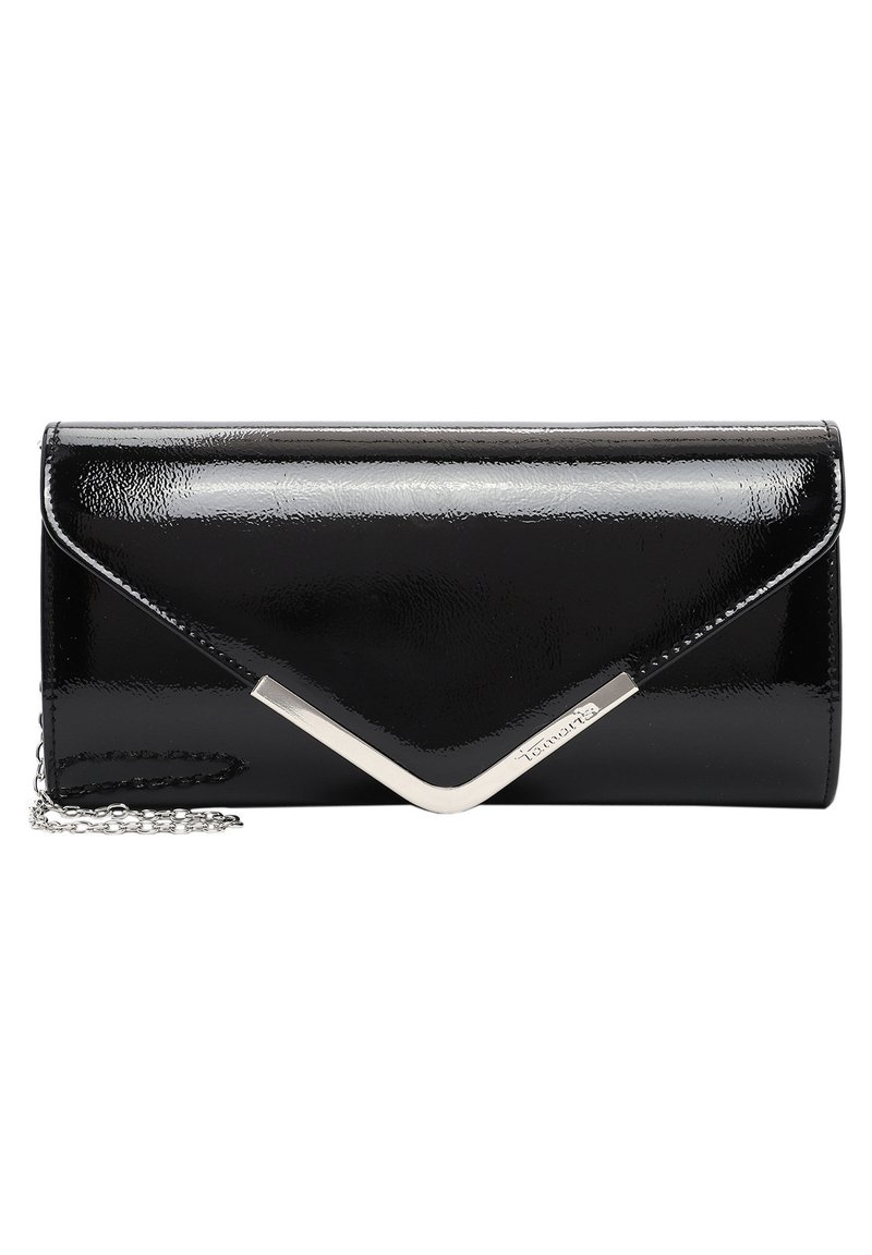 Clutch in vernice nera con un accentuazione metallica a forma di V, dotato di una tracolla a catena e una superficie liscia e lucida.